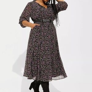 Torrid Tea Length Purple & Black Floral Chiffon Dress
